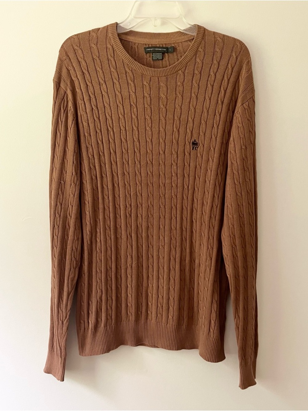 Men's French Connection Cable Knit Sweater Large Tan Classic Crewneck Cotton